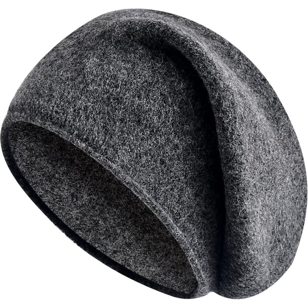 Unisex Dark Grey Wool Knit Warm Winter Pull-On Classic Baggy Slouchy Beanie Cap